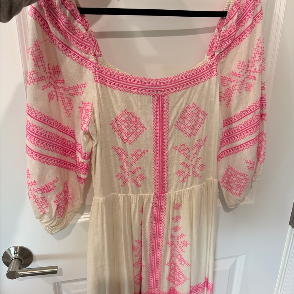 Vici Cream Dress with Pink Embroidery